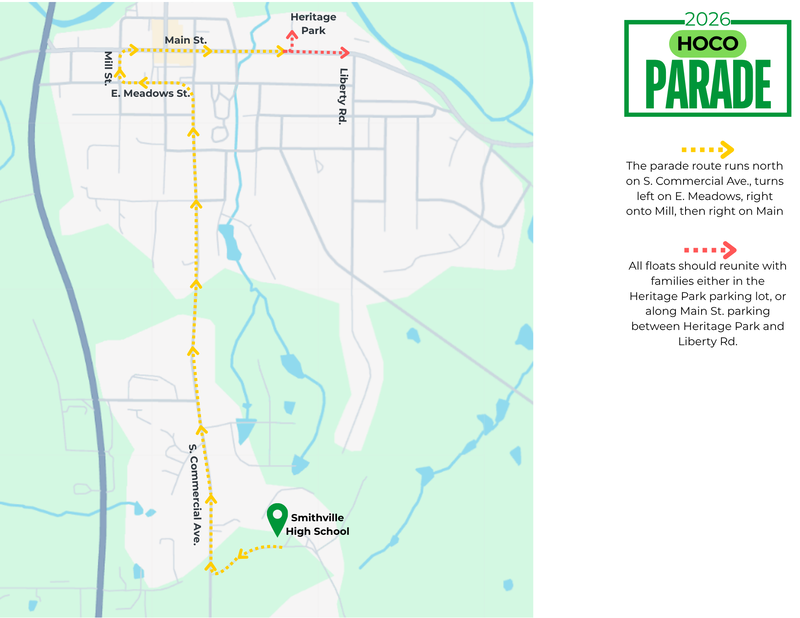 A map of the homecoming parade routeThe route will run north on Commercial, west on E. Meadows, north on Mill, and then east on Main.
