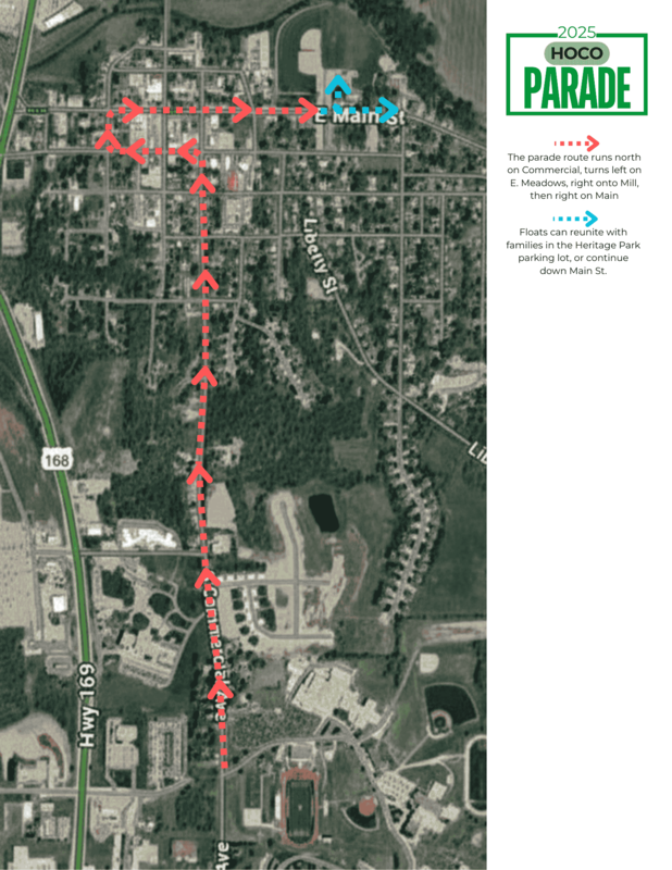 Parade Route Map - The parade route runs north on Commercial, turns left on E. Meadows, right onto Mill, then right on Main