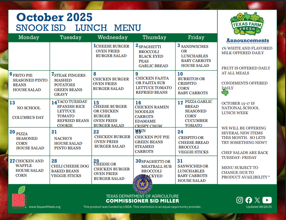 October 25 LUNCH Menu