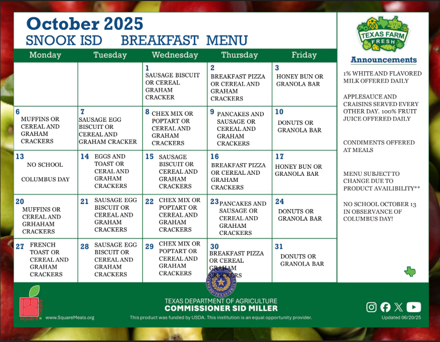 October 25 Breakfast Menu