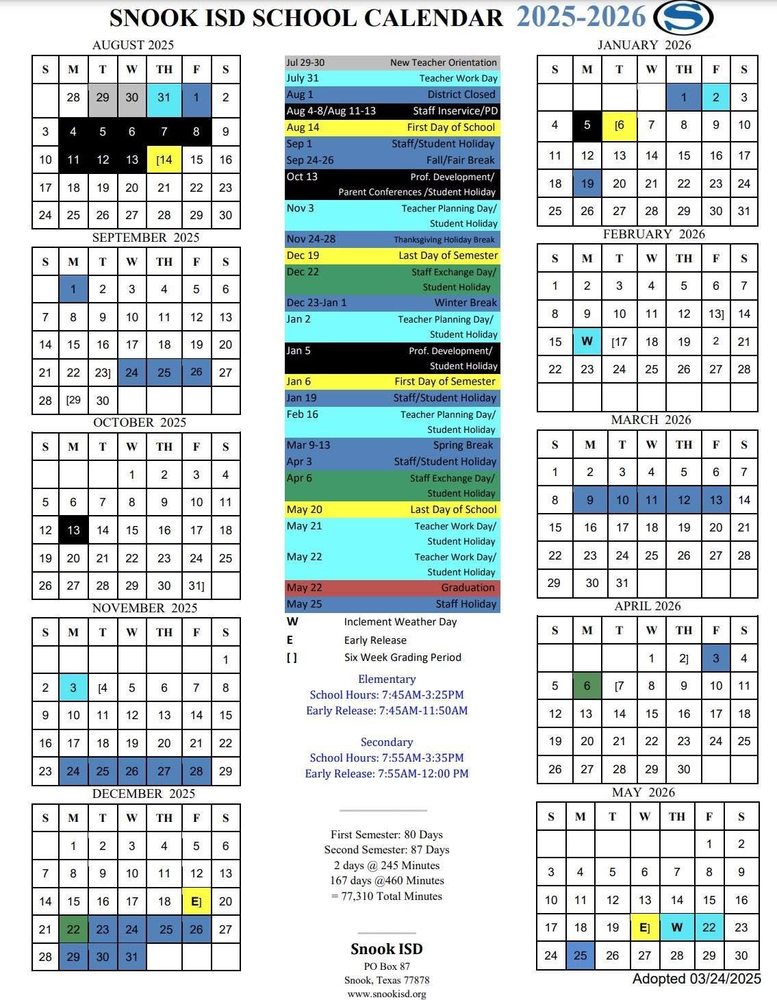 2025 - 2026 Snook ISD School Calendar