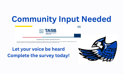 Call to action image asking stakeholders to complete the survey for input on Superintendent search