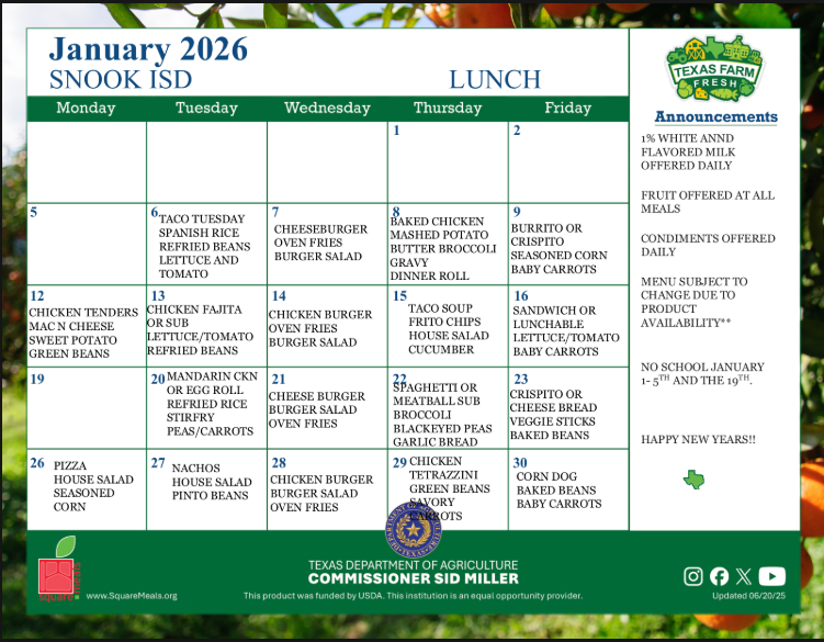 January 2026 Lunch Menu
