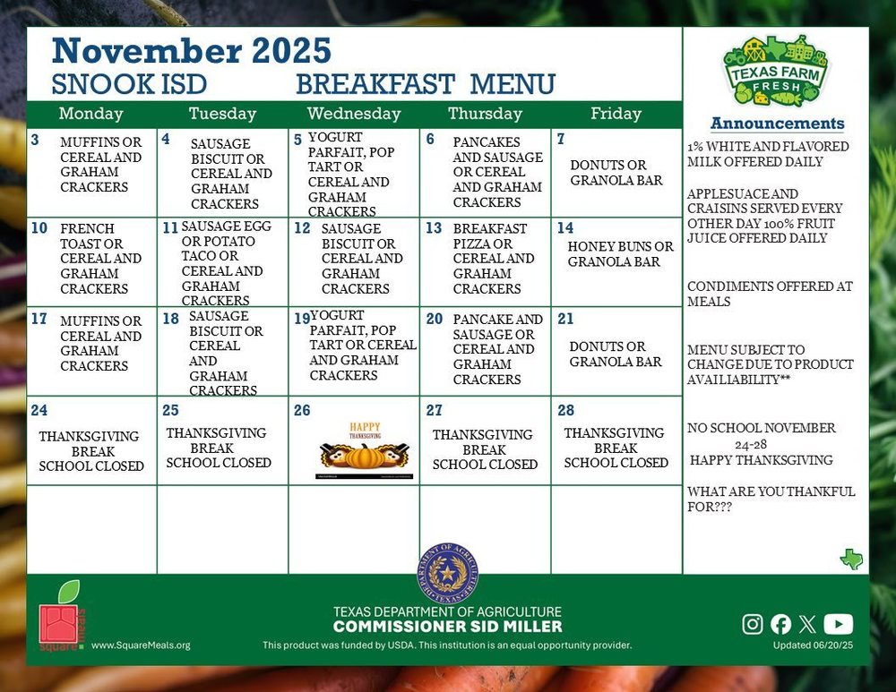 November Breakfast Menu 25