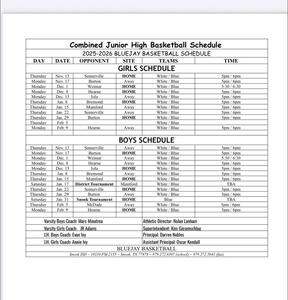 Junior High Basketball Schedule 2025 2026