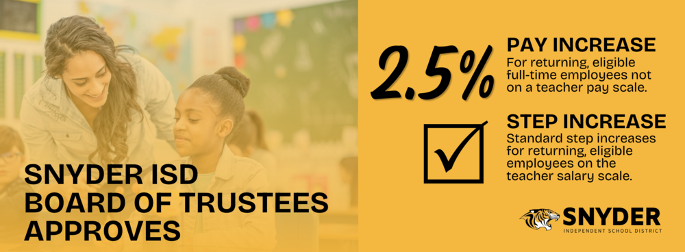 Graphic announcing employee compensation increases approved by the Snyder ISD Board of Trustees. The left side shows a teacher assisting a student in a classroom with a gold overlay and the text: "Snyder ISD Board of Trustees Approves." The right side highlights a 2.5% pay increase for returning, eligible full-time employees not on the teacher pay scale and a step increase for returning, eligible employees on the teacher salary scale. The Snyder ISD logo appears in the bottom right corner.