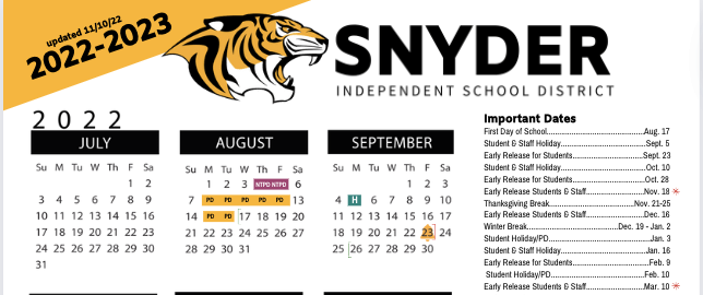 🗓 Calendar Change: Additional Early Release Days for Students | Snyder ISD 🗓 Calendar Change: Additional Early Release Days for Students | Snyder ISD