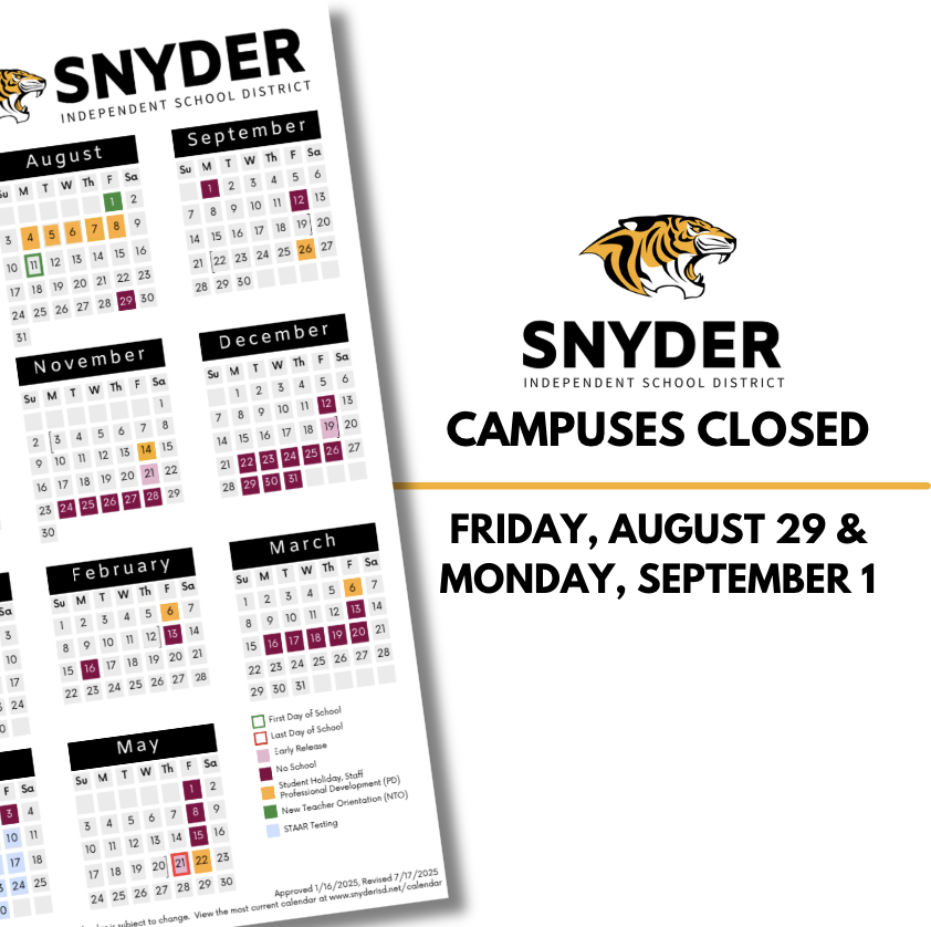 Snyder ISD campuses will be closed on Friday, August 29th and Monday, September 1st for Labor Day weekend. Enjoy the extra time with family and friends! 📅 Check out the full school calendar here: www.snyderisd.net/calendar