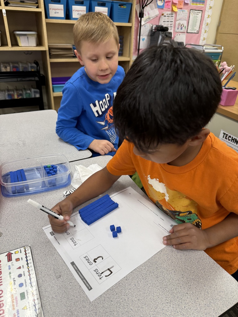 students working on math project together using dice and counting items