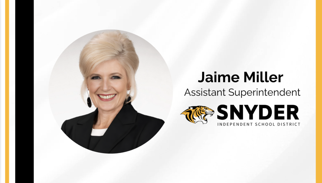 Graphic with Mrs. Miller's photo introducint her as the new asistant superintendent for snyder sid