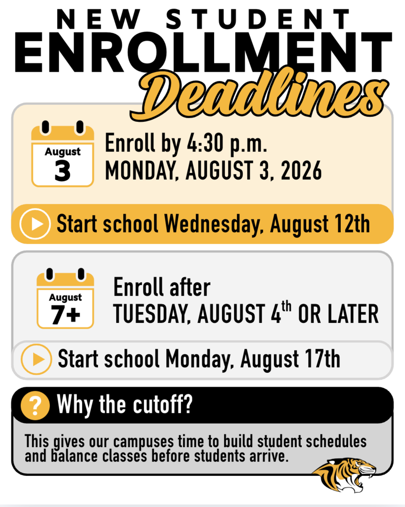 Are you NEW to Snyder ISD? Welcome! 🐅 If you haven't completed enrollment for your new student yet, please do so as soon as possible to make sure they are ready for the first day of school. 🎒 Important Start Dates for New Students 🗓️ Enroll by 4:30 p.m. on Monday, August 3rd to start school Wednesday, August 12th 🗓️ Enroll Tuesday, August 4th or later to start school Monday, August 17th If your student finished the school year last year with us and you have not yet completed online registration, please do so as soon as possible. Need help? 🎈 Come see us at the Back to School Bash tomorrow 🏫 Stop by our campus offices anytime next week See you soon!