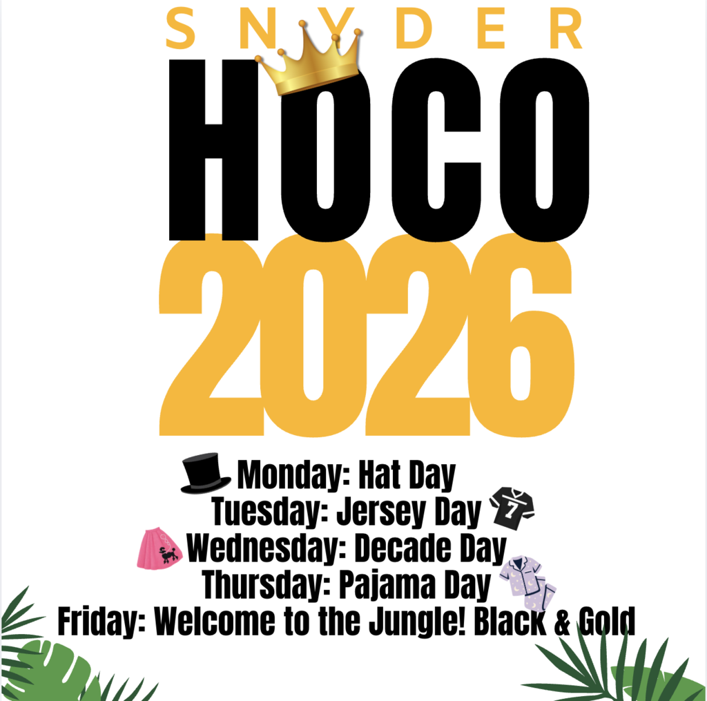 👑 Homecoming Week is here, Tiger Nation! Show your Tiger spirit all week long: 🎩 Monday: Hat Day 🏈 Tuesday: Jersey Day 🕺 Wednesday: Decade Day 😴 Thursday: Pajama Day 🐅 Friday: Welcome to the Jungle! Wear black and gold! Let’s fill our schools with Tiger pride as we celebrate Snyder HOCO 2026! 🖤💛