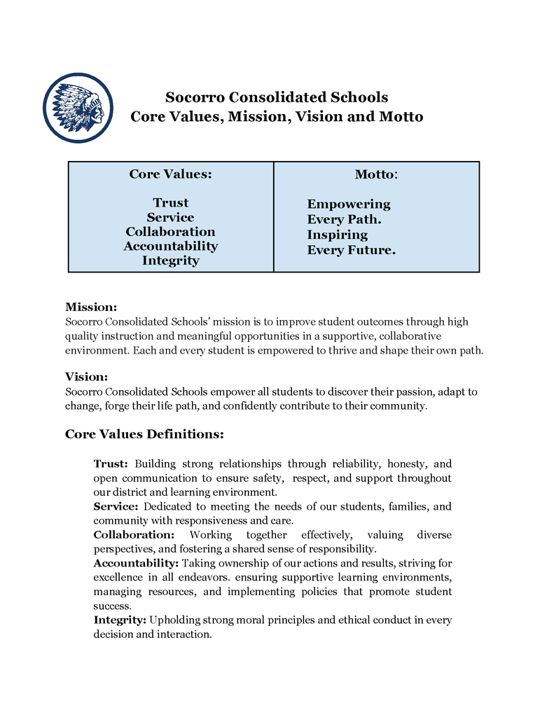SCSD Core Values, Mission, Vision