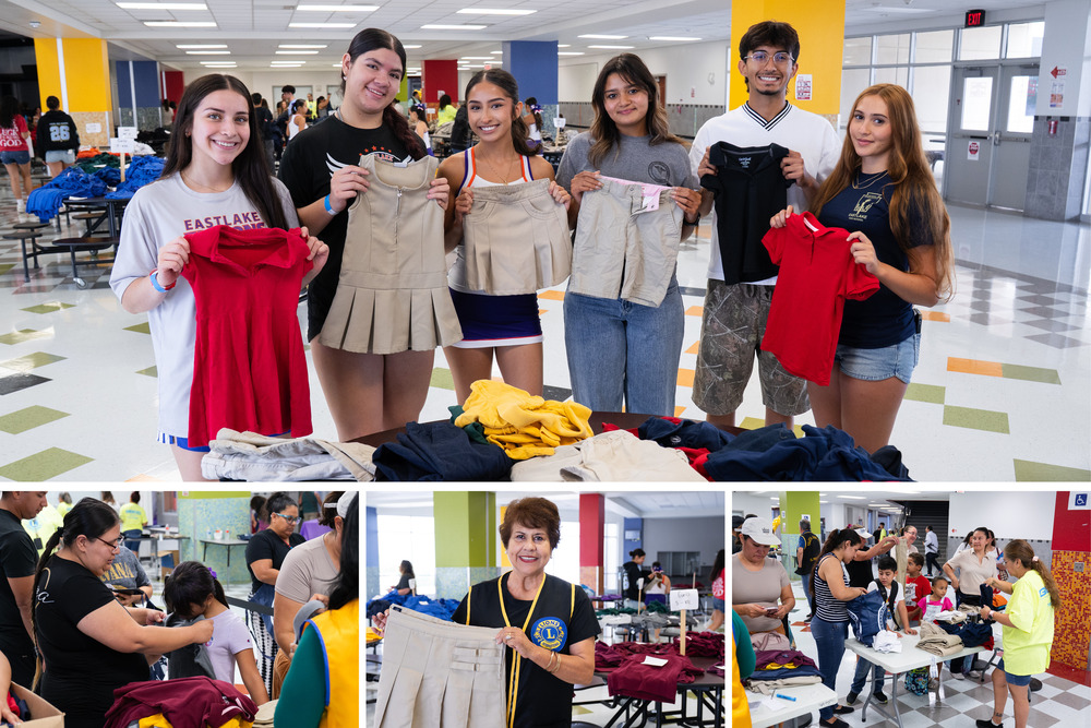 Collage photos of community at uniform swap event