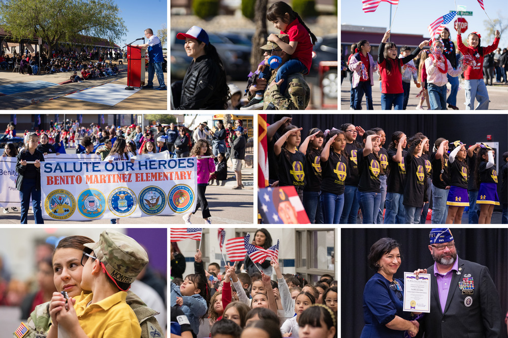 Collage of Veteran's Day events held at Purple Heart Elementary and Benito Martinez Elementary