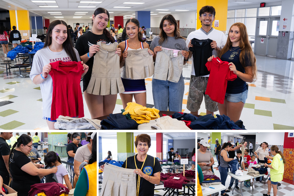 Collage photos of community at uniform swap event
