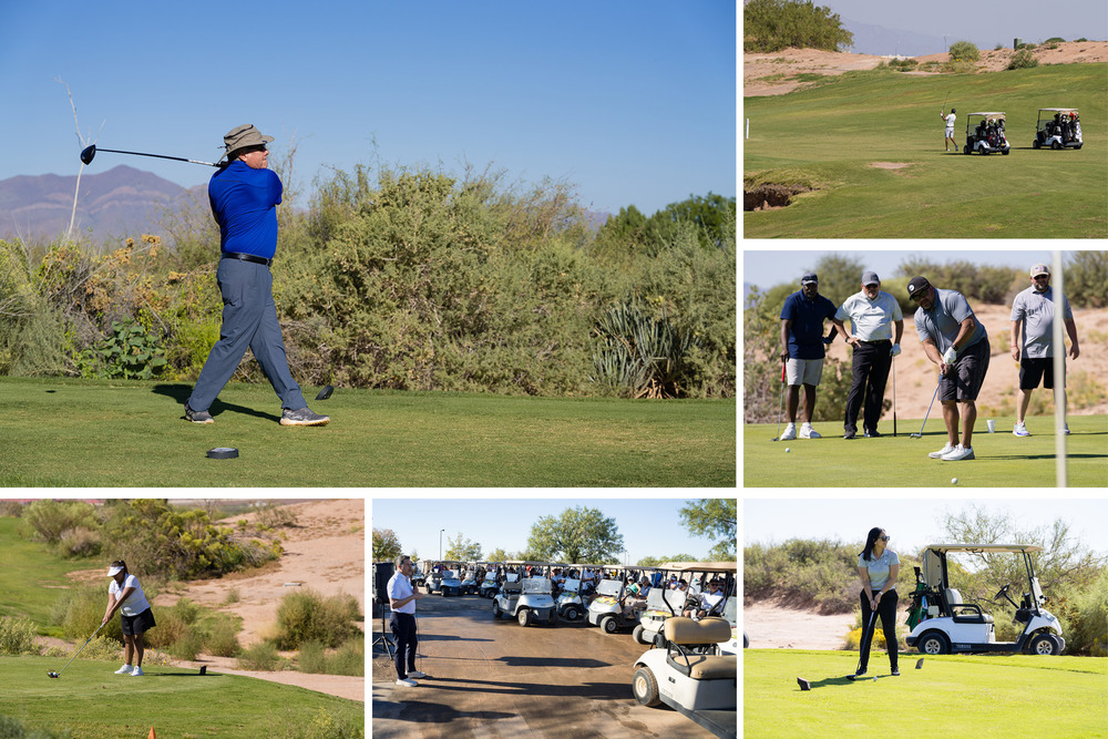 Collage of golfers at tournament playing