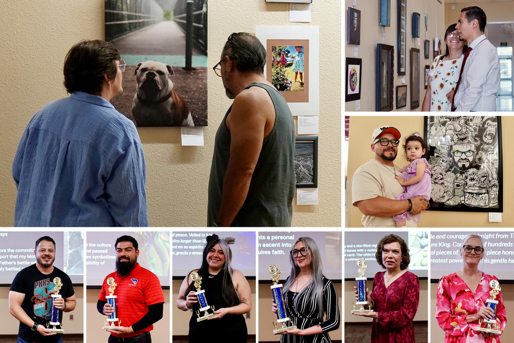 Collage of community at art show event and winners with their trophies