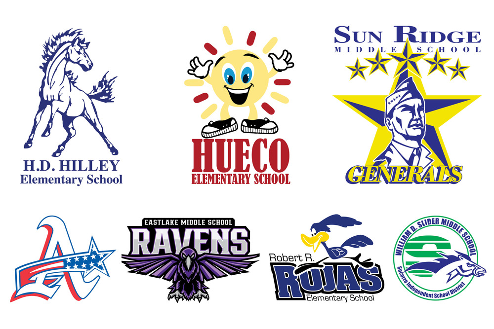 Logos for H.D. Hilley Elementary, Hueco Elementary, Sun Ridge Middle, Americas High, Eastlake High, Rober R. Rojas Elementary, and Willam D. Slider Middle