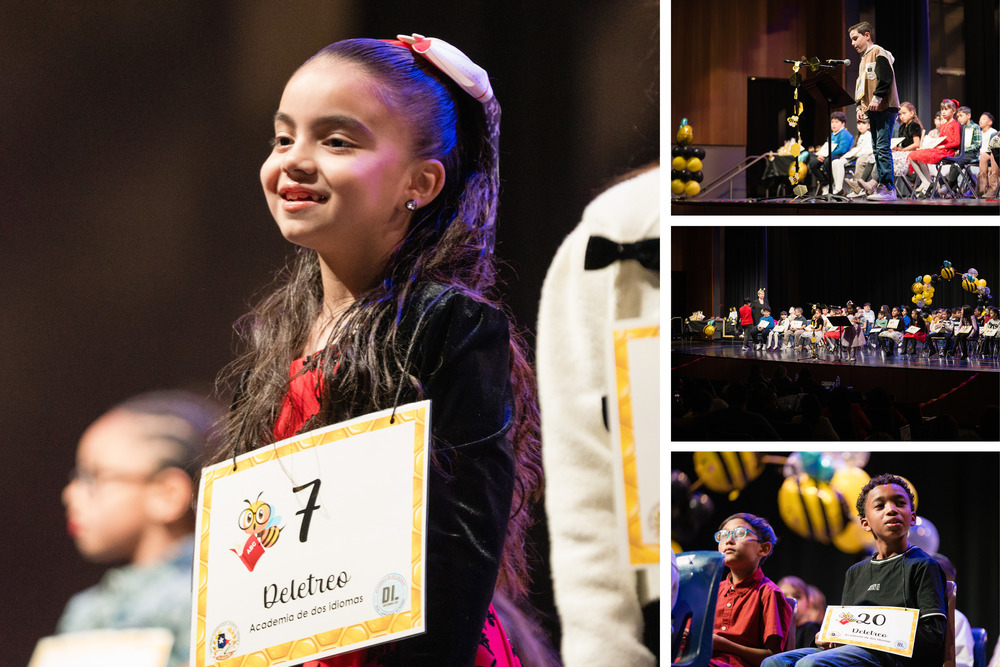 Collage of students participating in Spanish Spelling Bee