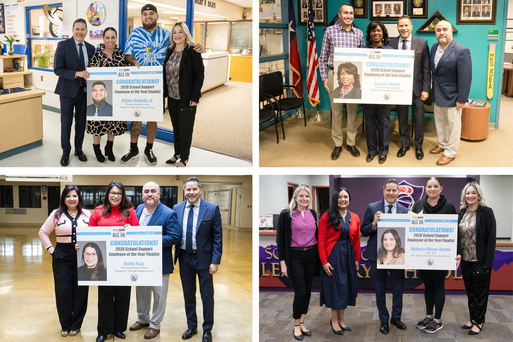 Support Employee finalists and staff holding congratulations sign