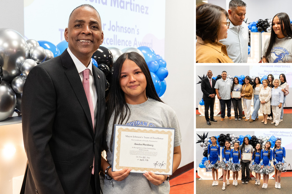 Collage photos of amelia Martinez receiving award and group photos with mayor and students