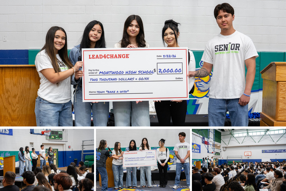 Collage of Montwood High students receiving large check