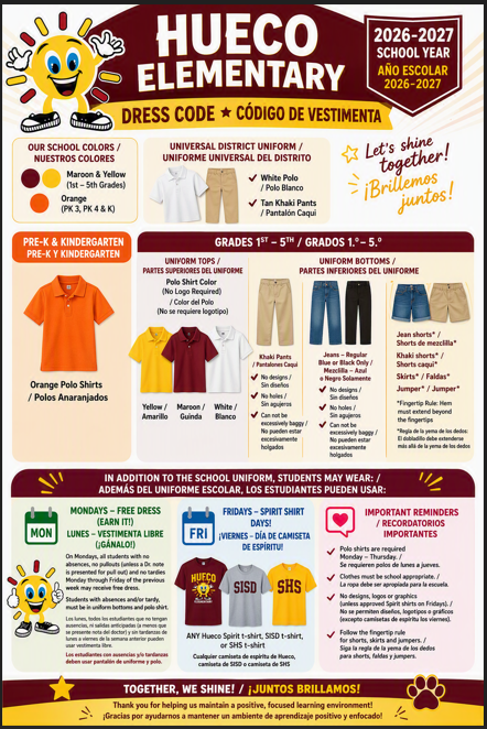 Hueco's Dress Code on white back ground with maroon and yellow title background. Orange, yellow, maroon, and white polo shirts, image of khaki pants, blue and black denim, blue denim and khaki shorts, maroon t-shit with Hueco Lettering and Sun logo image, gray t-shirt with maroon sisd bold lettering, yellow shirt with maroon shs bold lettering. Sun logo at the top and bottom of flyer. image of green monday calendar, image of blue friday calendar, image of heart with squared bubble box, three circle images in maroon, yellow, and orange for school colors.