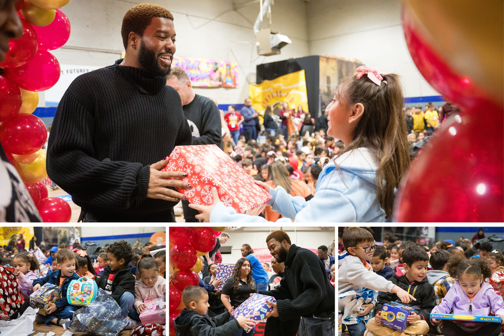 Collage of Hueco Elementary students receiving gifts from Khalid