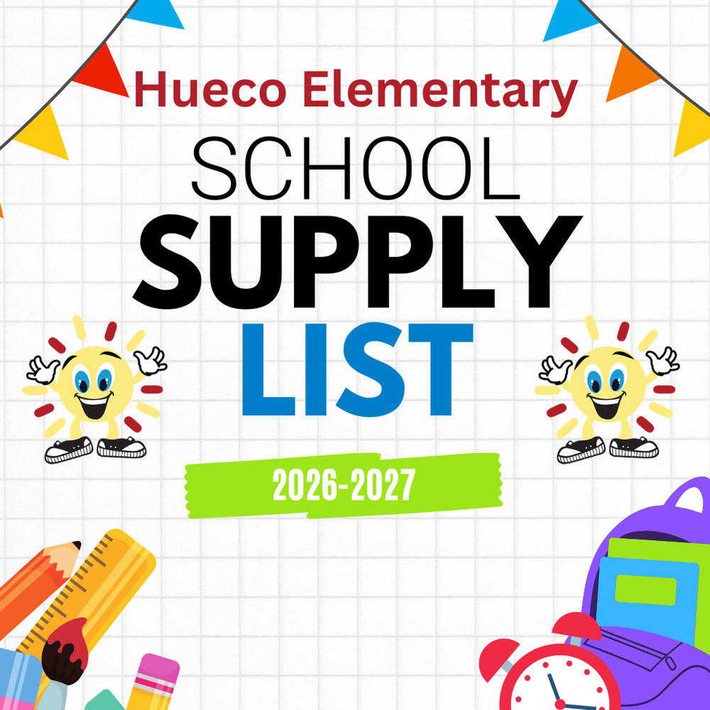 White background with gray graph paper, colorful flags on the upper corners, with school mascot image on the middle of the page and images of school suppplies at the bottom of the page (Pencil, ruler, brush, pen, clock, backpack with notebooks)