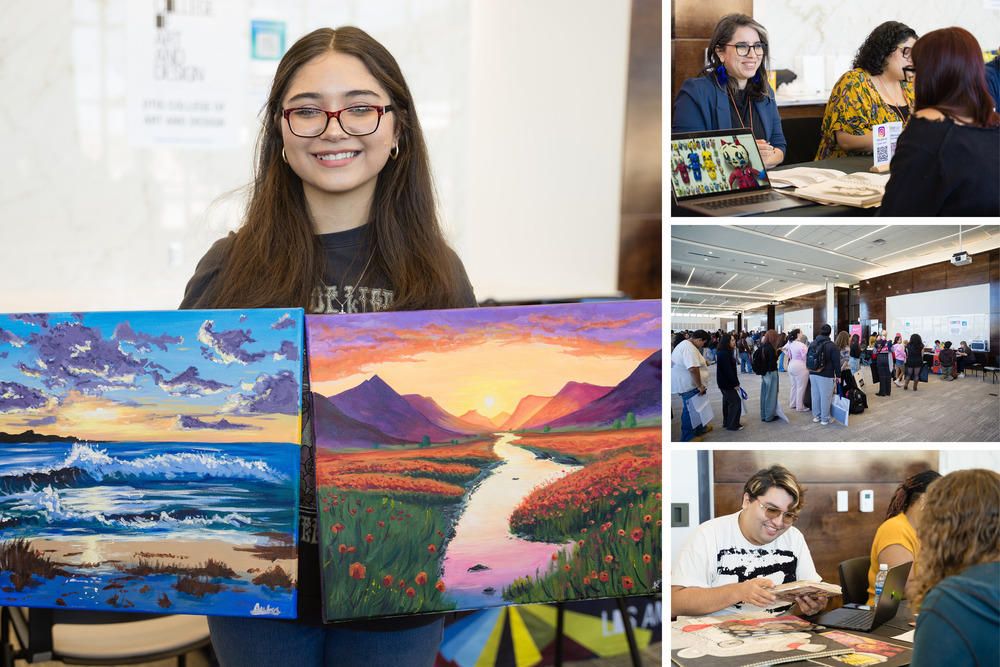 Collage of students showing their artwork