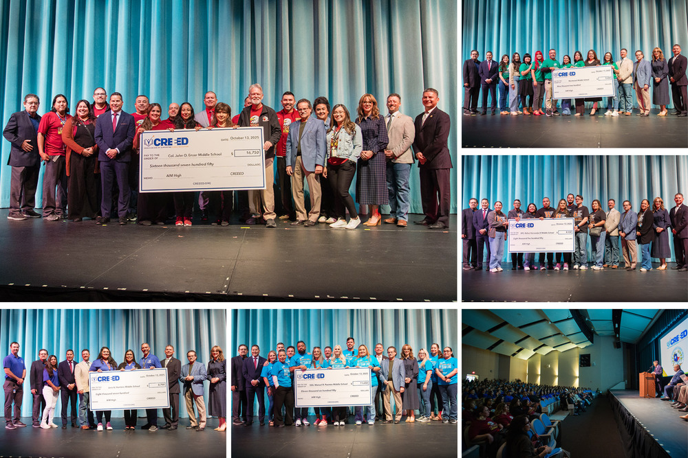 Collage of CREEED schools with giant checks