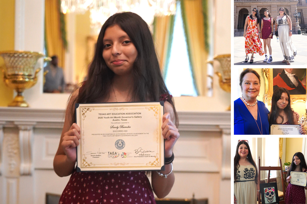 Collage of Sandy Buendia receiving award