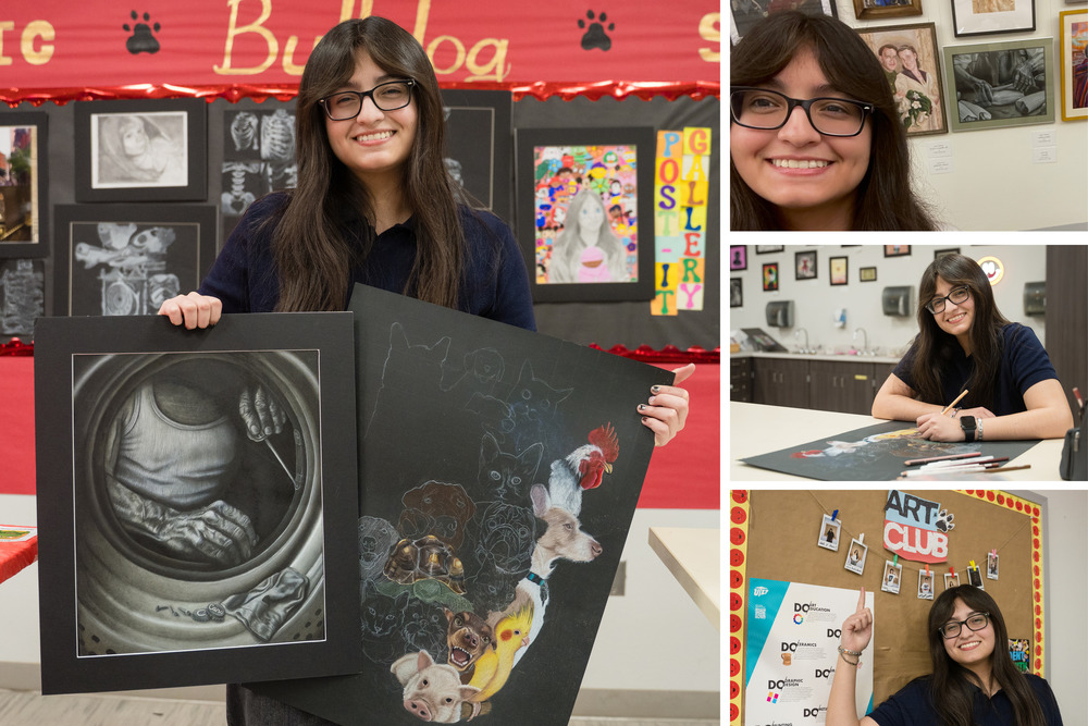Collage of Adali Valles and her art