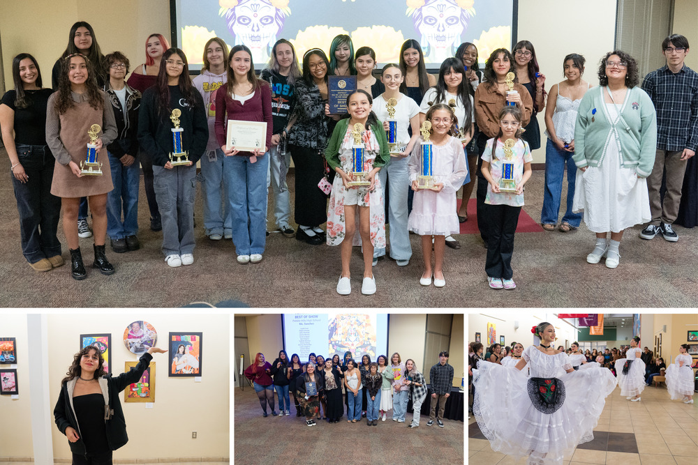 Collage of students with awards and community at event