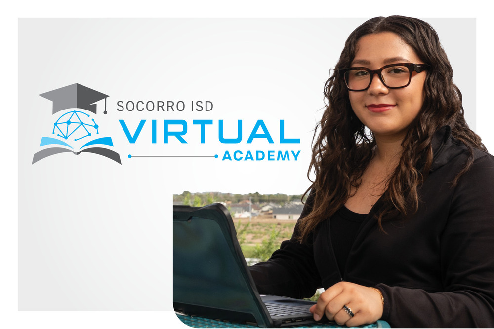 Student working on laptop and Socorro ISD Virtual Academy logo