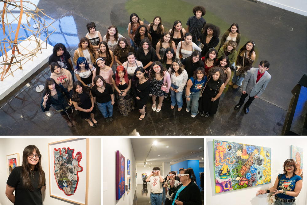 Collage of art students displaying their art and a group photo