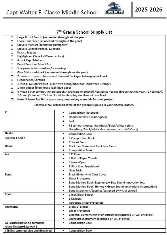 7th Grade Supply List