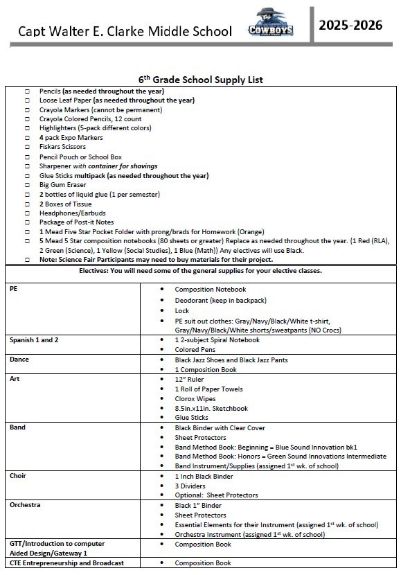 6th Grade Supply List