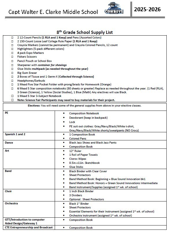 8th Grade Supply List