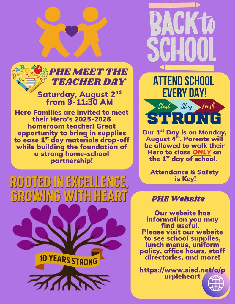 Back to School! Save the date: on Saturday, August 2nd, Hero Families are invited to meet their 2025-2026 Hero Teacher. Purple Heart will be open from 9-11:30 am to drop off school supplies and say hello!