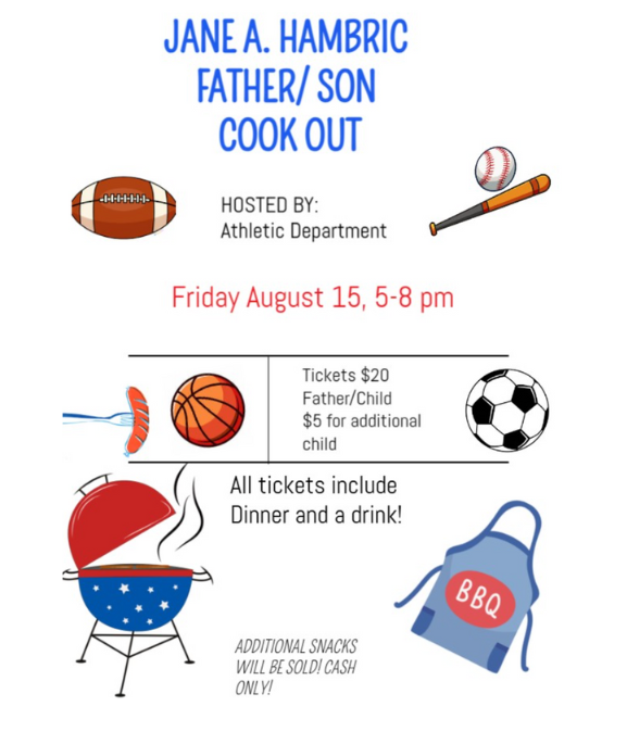 Flyer with images of a grill, sports balls, and apron advertising Hambric's Father/Son cookout happening Friday, August 15