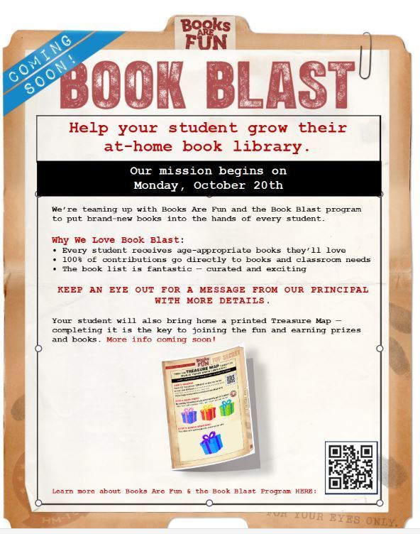 Book Blast Mission: Help your student grow their at-home book library. 