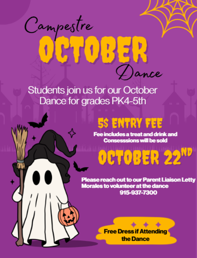 October Dance for students-October 22nd-$5 entry fee includes treat and drinks