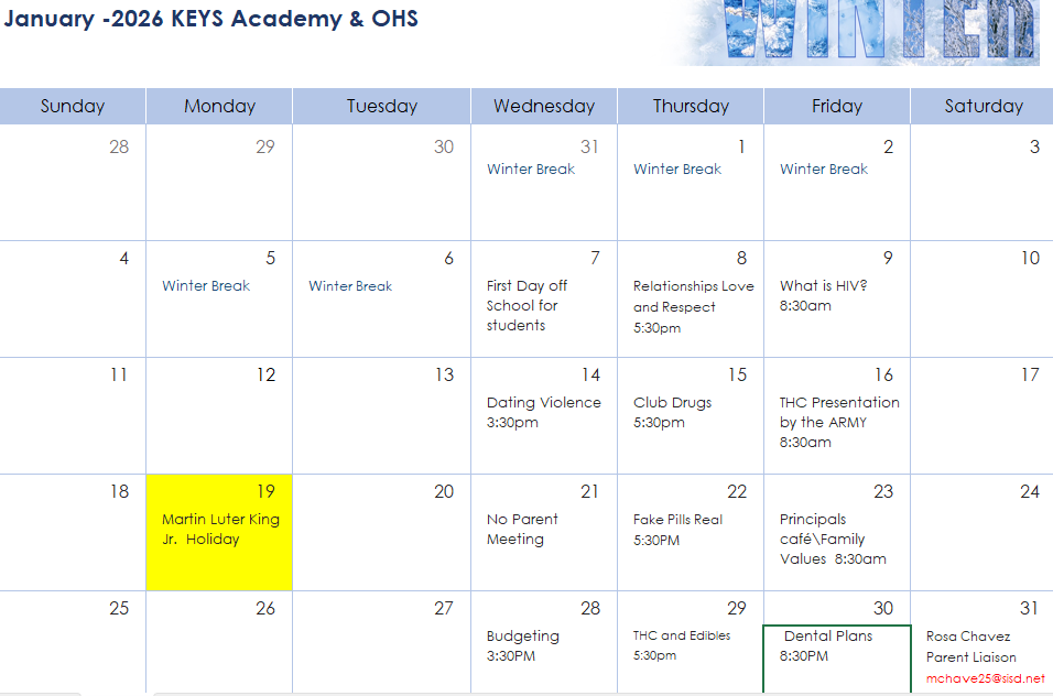 Monthly calendar for parent meetings
