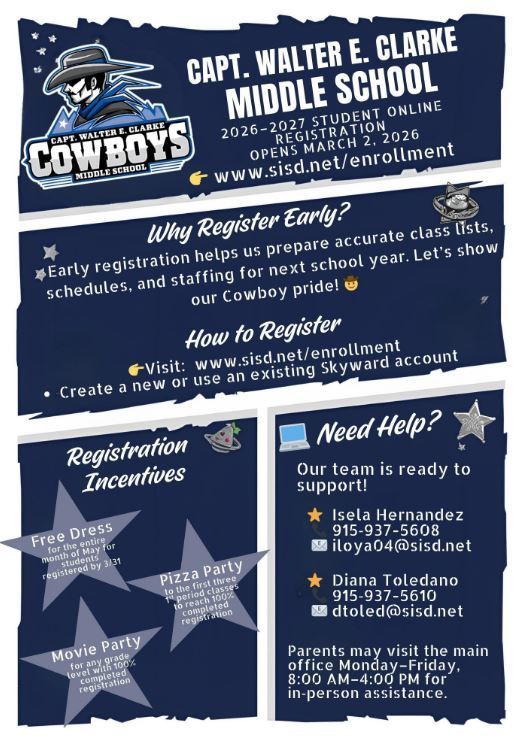 Capt. Walter E. Clarke Middle School 2026-2027 Student Registration