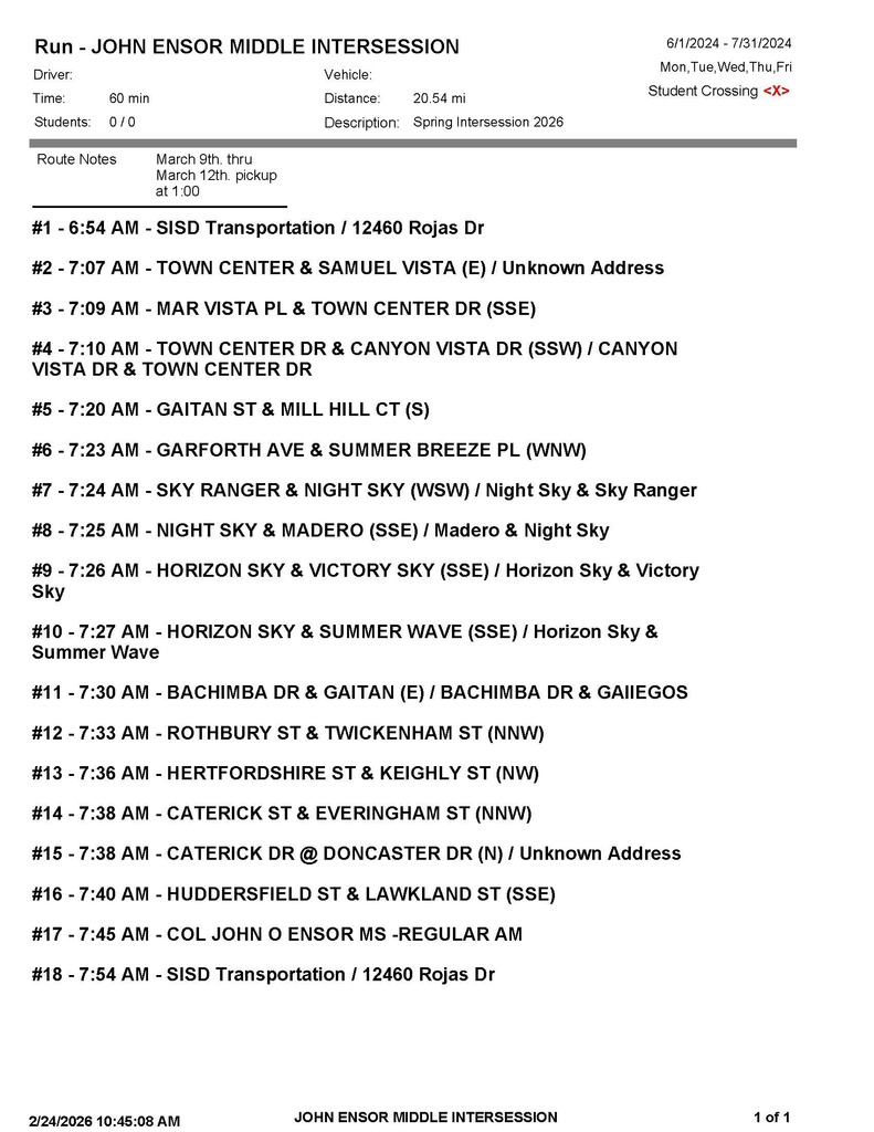 Ensor Middle School Intersession Bus Schedule