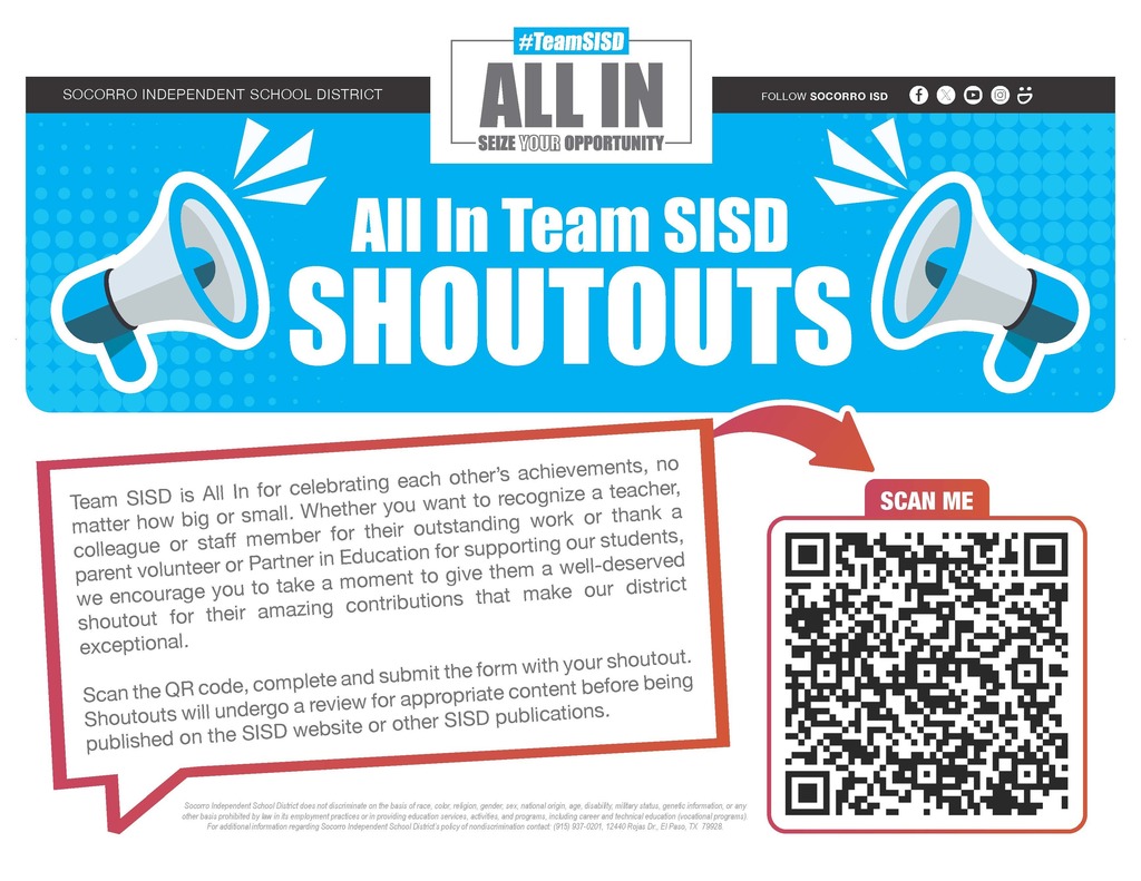 All in Team SISD Shoutouts with QR code. Celebrate each other's achievements! Recognize a teacher, colleague or staff member by scanning the QR code, completing the form, and submitting  the form with your shout out!