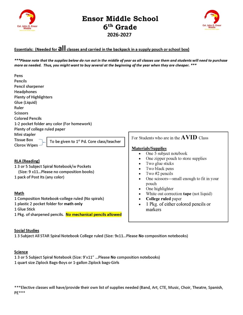 6th grade supply list 26-27