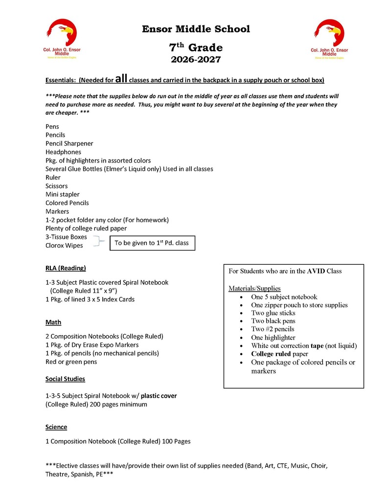 7th grade supply list